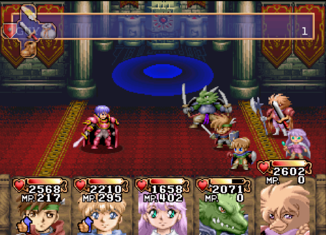 The party engages in a typical battle against a boss character.