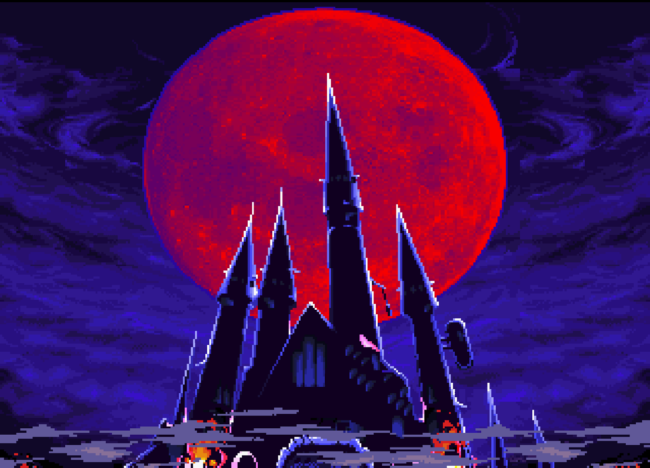 A view of the vampire castle with a red moon in the background.