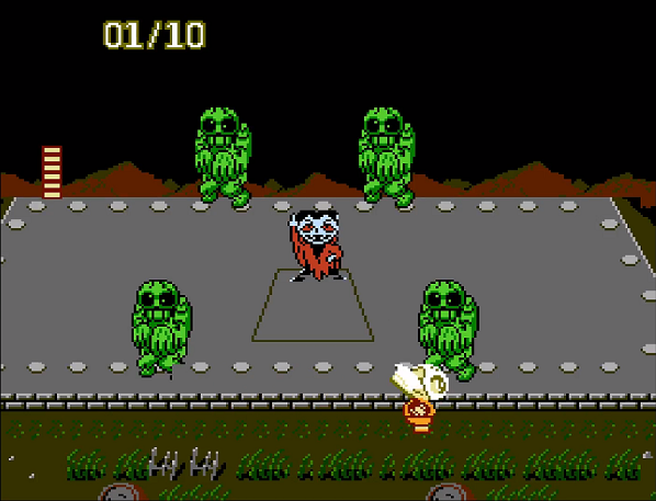 A vampire and horde of zombies start dancing atop an outdoor stage in Splatterhouse Wanpaku Graffiti.