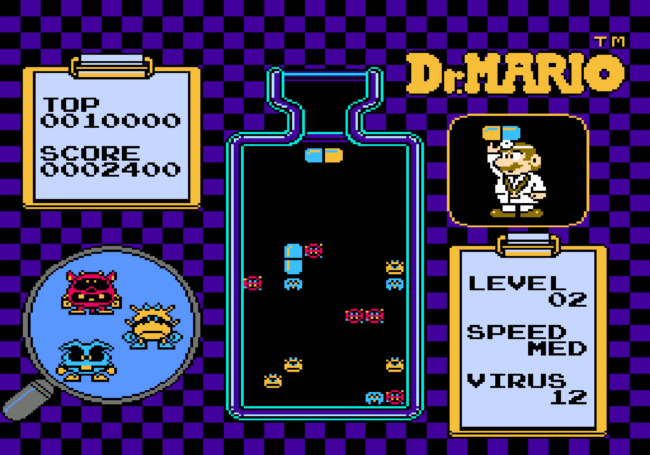 A typical gameplay screenshot in Dr. Mario with the player attempting to line up pills to destroy viruses.