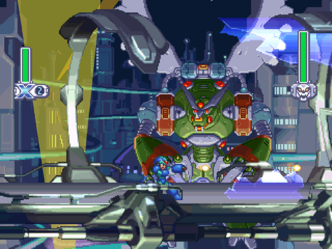 Mega Man X fights his way through the first stage with a large robot in the background.