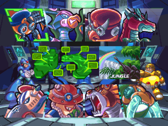 The stage select screen depicting all of the mavericks in Mega Man X4.