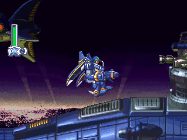 The main character rides atop a mecha robot in the sky stage.