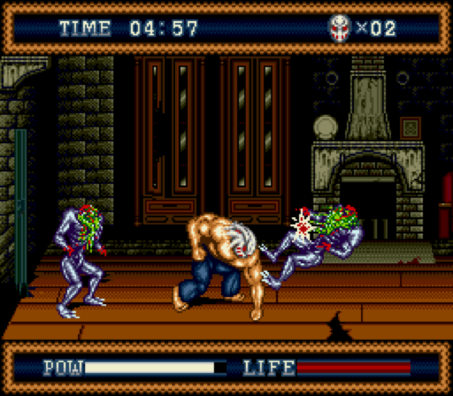 Rick throws a downward punch against an enemy while in powered up mode.