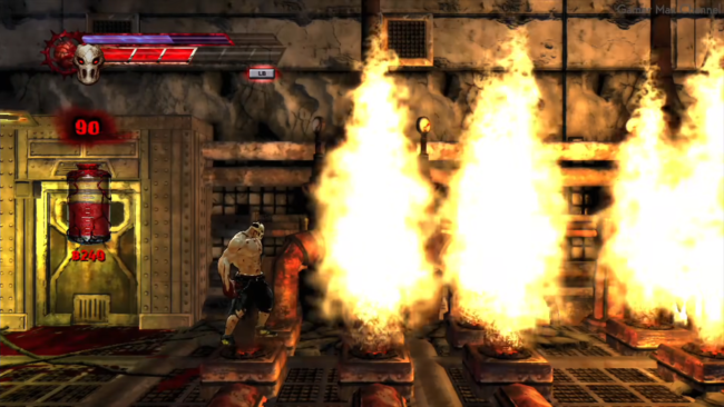 A side scrolling sequence where Rick is blocked by flames.