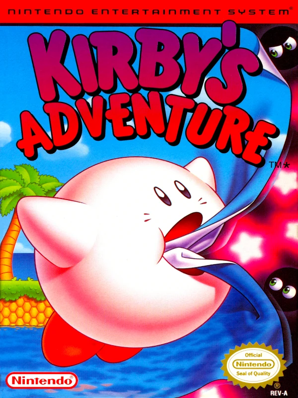 Front cover for Kirby's Adventure on the Nintendo Entertainment System.