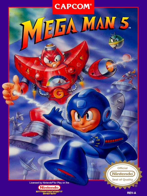 Front cover for Mega Man 5 on the Nintendo Entertainment System.